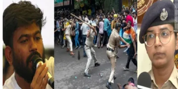 ജന്തര്‍മന്തറില്‍ ജൂണ്‍-ജൂലായ് മാസങ്ങളില്‍ സിജെപി നടത്തിയ അക്രമം നിറഞ്ഞ സമരം(നടുവില്‍) അഭിജിത് ദീപ്കെ (ഇടത്ത്) ദല്‍ഹി ഡിസിപി സാക്ഷി പാണ്ഡെ (വലത്ത്)