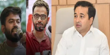 മഹാരാഷ്ട്ര മന്ത്രി നിതേഷ് റാണ(ഇടത്ത്) പാറ്റകളുടെ പാര്ട്ടി നേതാവ് അഭിജിത് ദീപ്കെ ഉമര്ഖാലിനെക്കുറിച്ച് പ്രസംഗിക്കുന്നു (വലത്ത്). 59പെരുടെ മരണത്തിനിടയാക്കിയ ദല്ഹി കലാപം ആസൂത്രണം ചെയ്തതിലെ മുഖ്യആളാണ് ഉമര് ഖാലിദ്.