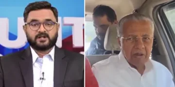 മനോരമ ന്യൂസ് അവതാരകന്‍ അയ്യപ്പദാസ് (ഇടത്ത്) പിണറായിയെ ദല്‍ഹി പൊലീസ് അറസ്റ്റ് ചെയ്ത് വാഹനത്തില്‍ കൊണ്ടുപോകുന്നു (വലത്ത്)
