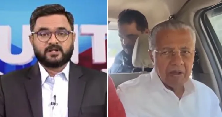 മനോരമ ന്യൂസ് അവതാരകന്‍ അയ്യപ്പദാസ് (ഇടത്ത്) പിണറായിയെ ദല്‍ഹി പൊലീസ് അറസ്റ്റ് ചെയ്ത് വാഹനത്തില്‍ കൊണ്ടുപോകുന്നു (വലത്ത്)