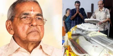 ബാലഗോകുലം സംസ്ഥാന അധ്യക്ഷന്‍ കെ.എന്‍. സജികുമാര്‍ എംഎ സാറിന്റെ ഭൗതിക ദേഹത്തിന് മുന്നില്‍ പ്രണമിക്കുന്നു. ചലചിത്ര നിര്‍മാതാവ് ജി. സുരേഷ് കുമാര്‍ പുഷ്പചക്രം അര്‍പ്പിക്കുന്നു