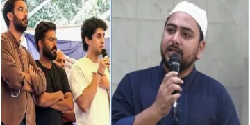 സിജെപി നേതാക്കള്‍ (ഇടത്ത്) ബംഗ്ലാദേശില്‍ ജനാധിപത്യരീതിയില്‍ തെരഞ്ഞെടുക്കപ്പെട്ട ഷേഖ് ഹസീന സര്‍ക്കാരിനെ താഴെവീഴ്ത്തിയ ഇസ്ലാമിക മതമൗലികവാദ സംഘടനയുടെ നേതാവ് നഹീദ് ഇസ്ലാം (വലത്ത്).