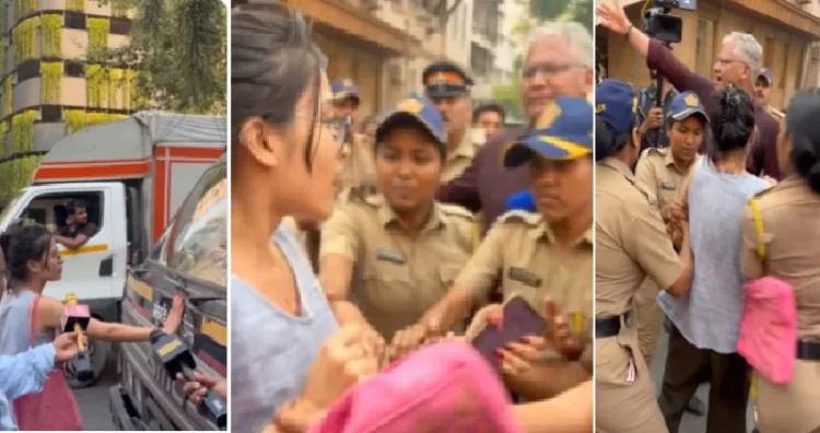 ഒക്ടോബര്‍ 10ലെ ജന്തര്‍മന്തര്‍ മാര്‍ച്ചില്‍ പൊലീസ് വാഹനം തടയാന്‍ ശ്രമിച്ച സ്ത്രീയെ ദല്‍ഹി പൊലീസ് കസ്റ്റഡിയില്‍ എടുക്കുന്നു