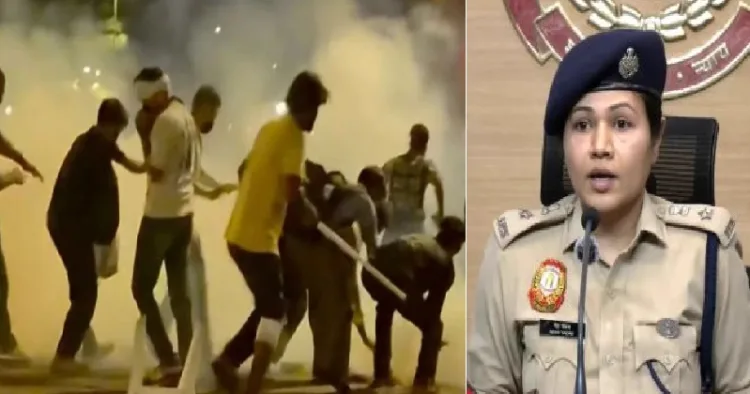 ദല്‍ഹി പൊലീസ് ഡിസിപി നേഹ യാദവ് (വലത്ത്) 2026 ജൂണ്‍-ജൂലായ് മാസങ്ങളില്‍ നടന്ന സിജെപിയുടെ അക്രമസമരത്തില്‍ നിന്ന് (ഇടത്ത്)