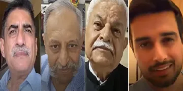 സൈന്യത്തില്‍ നിന്നും വിരമിച്ച സഞ്ജീവ് കപൂര്‍, ബിപില്‍ ബക്ഷി, വിഷ്ണുകാന്ത് ചതുര്‍വേദി എന്നിവര്‍ (ഇടത്ത്ഃ സിജെപിയുടെ യുട്യൂബര്‍ ധ്രുവ് റാഠി (വലത്ത്)