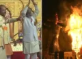 ദല്‍ഹിയില്‍ നടന്ന ദസറ ആഘോഷച്ചടങ്ങില്‍ വില്ലുകുലയ്ക്കുന്ന പ്രധാനമന്ത്രി (ഇടത്ത്) ചടങ്ങിന്‍റെ ഭാഗമായി രാവണനെ കത്തിക്കുന്നു (വലത്ത്)