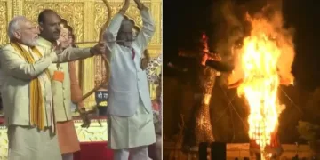 ദല്‍ഹിയില്‍ നടന്ന ദസറ ആഘോഷച്ചടങ്ങില്‍ വില്ലുകുലയ്ക്കുന്ന പ്രധാനമന്ത്രി (ഇടത്ത്) ചടങ്ങിന്‍റെ ഭാഗമായി രാവണനെ കത്തിക്കുന്നു (വലത്ത്)