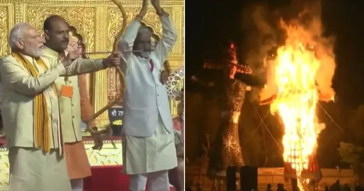 ദല്ഹിയില് നടന്ന ദസറ ആഘോഷച്ചടങ്ങില് വില്ലുകുലയ്ക്കുന്ന പ്രധാനമന്ത്രി (ഇടത്ത്) ചടങ്ങിന്റെ ഭാഗമായി രാവണനെ കത്തിക്കുന്നു (വലത്ത്)