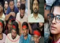 ബംഗ്ലാദേശിലെ നഹിദ് ഇസ്ലാം മറ്റ് വിദ്യാര്ത്ഥി നേതാക്കള്ക്കൊപ്പം ബംഗ്ലാദേശിലെ കലാപ സമയത്ത് ഇരിക്കുന്നു. ഇതില് ചുവന്ന വളയത്തിനുള്ളിലും ഇന്സെറ്റിലും ഉള്ളതാണ് നഹിദ് ഇസ്ലാം (ഇടത്ത്) നേഹ ബോറ (വലത്ത്)