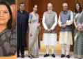 പ്രിയങ്ക ചതുര്‍വേദി എന്ന ഉദ്ധവ് വിഭാഗം ശിവസേന എംപി (ഇടത്ത്) പ്രധാനമന്ത്രി മോദി പ്രിയങ്ക ചതുര്‍വേദിയ്ക്കും അവരുടെ കുടുംബത്തോടുമൊപ്പം (വലത്ത്)