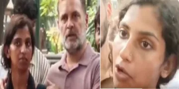 രാഹുല്‍ ഗാന്ധിയ്ക്കൊപ്പം വാര്‍ത്താസമ്മേളനത്തില്‍ എത്തിയ മലയാളിപെണ്‍കുട്ടി നുണക്കഥ പറയുന്നു (ഇടത്ത്) ഇതേ മലയാളിപെണ്‍കുട്ടി യഥാര്‍ത്ഥ കഥ മലയാളം മാധ്യമങ്ങലോട് പറയുന്നു (വലത്ത്)