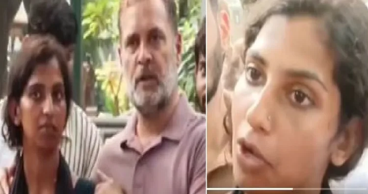 രാഹുല്‍ ഗാന്ധിയ്ക്കൊപ്പം വാര്‍ത്താസമ്മേളനത്തില്‍ എത്തിയ മലയാളിപെണ്‍കുട്ടി നുണക്കഥ പറയുന്നു (ഇടത്ത്) ഇതേ മലയാളിപെണ്‍കുട്ടി യഥാര്‍ത്ഥ കഥ മലയാളം മാധ്യമങ്ങലോട് പറയുന്നു (വലത്ത്)