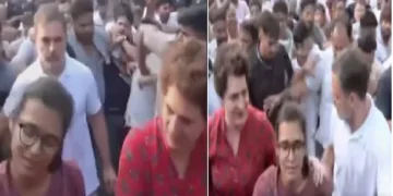 രാഹുല്‍ ഗാന്ധിയെ പിന്നിലാക്കി ദല്‍ഹി ചലോ മാര്ച്ചില്‍ മുന്നിലെ സ്ഥാനം കയ്യടക്കി പ്രിയങ്കയും നേഹ ബോറയും (ഇടത്ത്) ഇവരോട് മാറാന്‍ പറയുന്ന രാഹുല്‍ ഗാന്ധി (വലത്ത്)