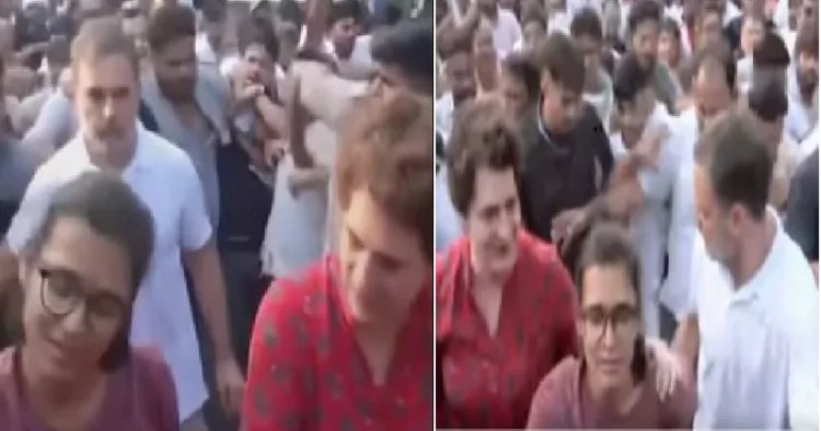 രാഹുല് ഗാന്ധിയെ പിന്നിലാക്കി ദല്ഹി ചലോ മാര്ച്ചില് മുന്നിലെ സ്ഥാനം കയ്യടക്കി പ്രിയങ്കയും നേഹ ബോറയും (ഇടത്ത്) ഇവരോട് മാറാന് പറയുന്ന രാഹുല് ഗാന്ധി (വലത്ത്)
