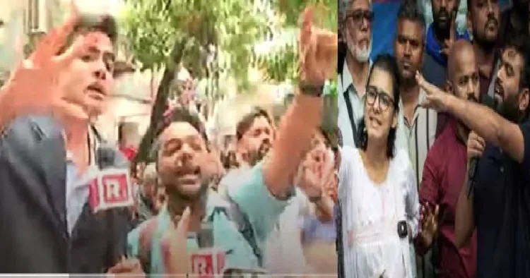 റിപ്പബ്ലിക് ടിവിയുടെ റിപ്പോര്‍ട്ടമാര്‍ ബംഗ്ലാദേശ് കലാപകാരിയെ പ്രശംസിച്ച നേഹ ബോറയ്ക്കെതിരെ പ്രതിഷേധിക്കുന്നു (ഇടത്ത്) റിപ്പോര്‍ട്ടര്‍മാരെ എതിര്‍ക്കുന്ന നേഹ ബോറയും അഭിജിത് ദീപ്കെയും (വലത്ത്)