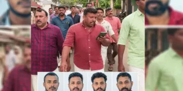 ശബരിമല തീര്‍ത്ഥടകരെ ആക്രമിച്ചതില്‍ പ്രതിഷേധിച്ചു സംഘ പരിവാര്‍ സംഘടനകള്‍ സംഘടിപ്പിച്ച പ്രകടനത്തില്‍ നിന്ന്‌ (മുകളിൽ), പ്രതികളായ ഷിബിന്‍, പ്രണവ്, പ്രവീണ്‍, ശരത് ചന്ദ്രന്‍ (താഴെ)