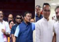 അസമില്‍ നഗോണ്‍ മണ്ഡലത്തിലെ ഉപതെരഞ്ഞെടുപ്പില്‍ വിജയിച്ച് ദേബാശിശ് ശര്‍മ്മയ്ക്കൊപ്പം അസം മുഖ്യമന്ത്രി ഹിമന്ത ശര്‍മ്മ (ഇടത്ത്) രാഹുല്‍ ഗാന്ധി വിശ്വസ്തനായ ഗൗരവ് ഗൊഗോയിക്കൊപ്പം (വലത്ത്)
