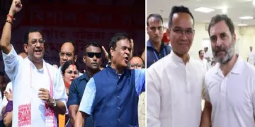 അസമില്‍ നഗോണ്‍ മണ്ഡലത്തിലെ ഉപതെരഞ്ഞെടുപ്പില്‍ വിജയിച്ച് ദേബാശിശ് ശര്‍മ്മയ്ക്കൊപ്പം അസം മുഖ്യമന്ത്രി ഹിമന്ത ശര്‍മ്മ (ഇടത്ത്) രാഹുല്‍ ഗാന്ധി വിശ്വസ്തനായ ഗൗരവ് ഗൊഗോയിക്കൊപ്പം (വലത്ത്)