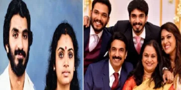 ഗായകന് ഉണ്ണിമേനോനും ഭാര്യയും (പഴയകാലചിത്രം- ഇടത്ത്) ഉണ്ണിമേനോനും ഭാര്യയും രണ്ട് ആണ്മക്കളും മരുമകളും (വലത്ത്)